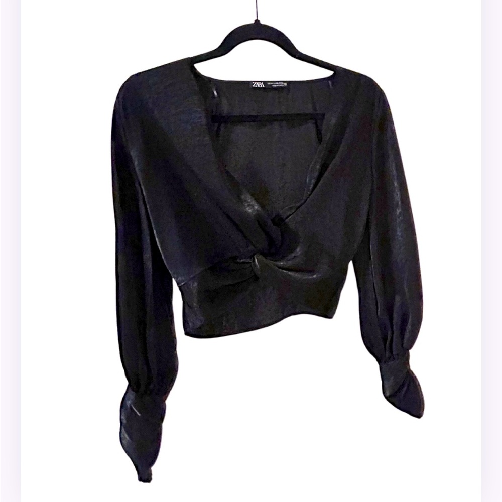 Zara Satin Twist Front Long Sleeve Crop Blouse | Black | Size XS | NWOT